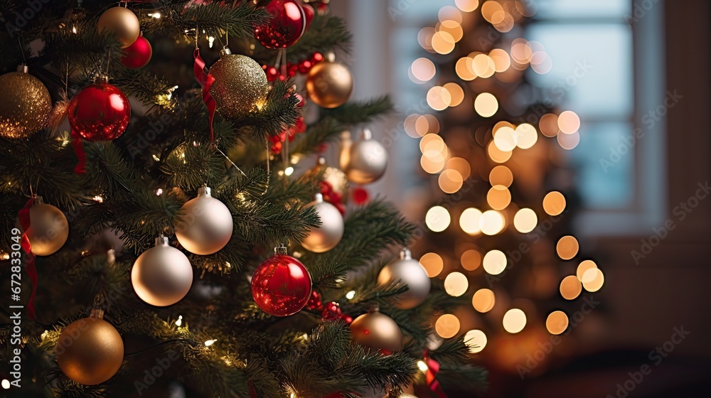 Poster a decorated christmas tree in front of a window with a lit christmas tree in the foreground and a li