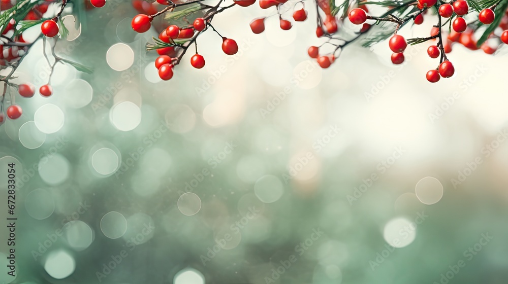 Poster a branch of a tree with red berries hanging from it's branches and blurry boke of trees in the backg