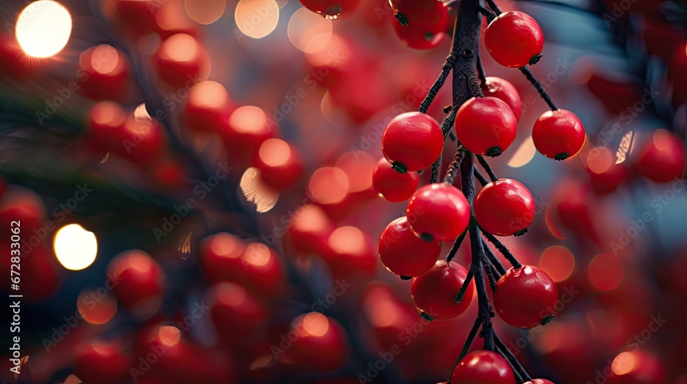 Poster a close up of a bunch of red berries on a tree with a blurry background of lights in the background.