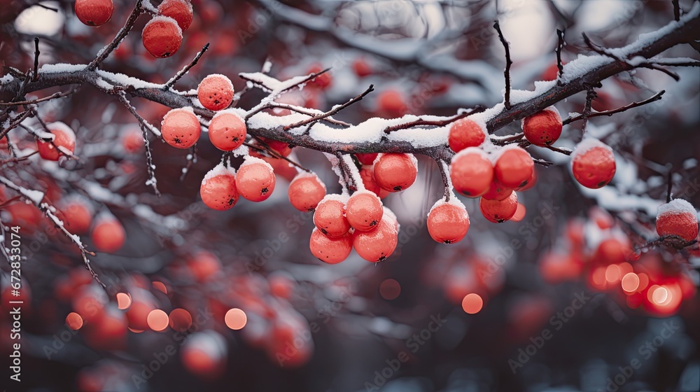 Poster a tree with red berries hanging from it's branches in the snow with a blurry background of snow - co