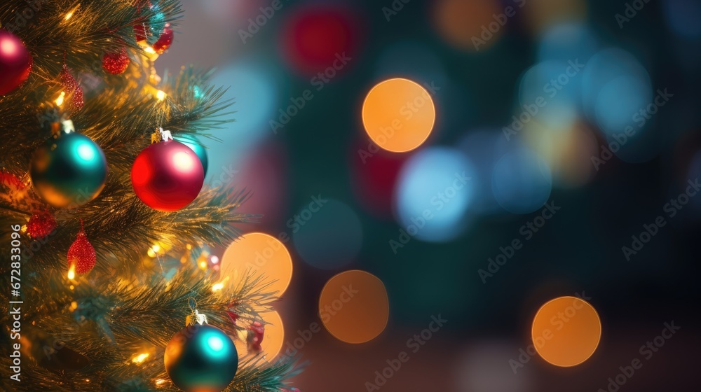 Poster a close up of a christmas tree with a blurry background of lights and baubons on the tree. generativ