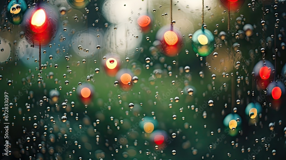 Poster a close up of a rain covered window with red and green lights in the background and raindrops on the
