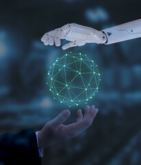 Human and robot hands touch the cyber network, the concept of human and AI collaboration in the...