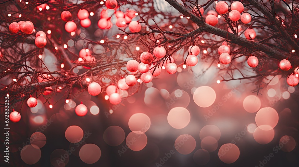 Aufkleber a close up of a tree with red balls hanging from it's branches and blurry lights in the background. 