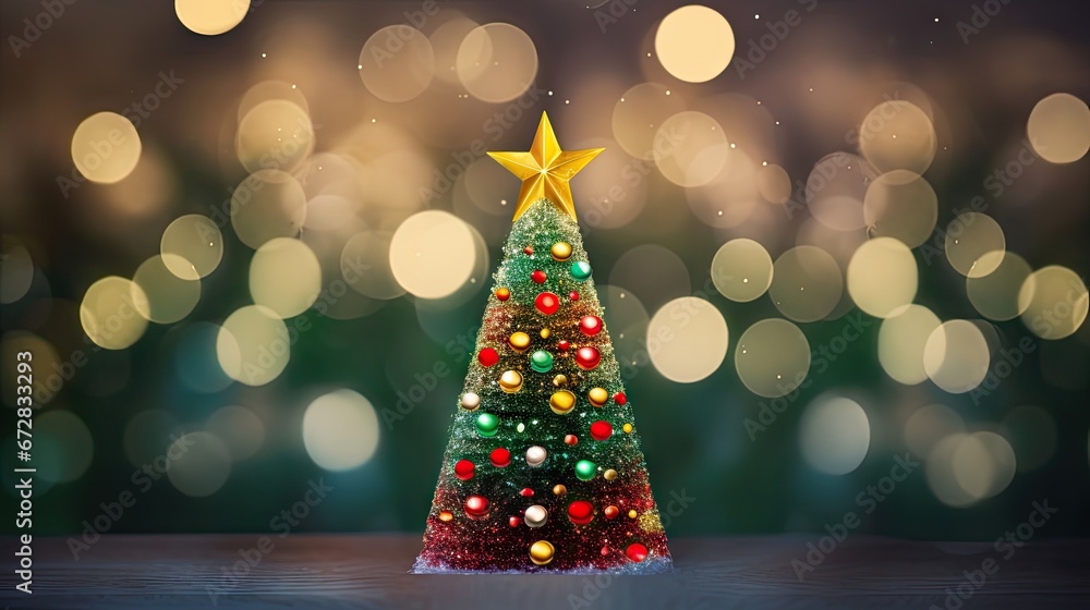 Poster a christmas tree with a star on top of it in front of a blurry background of boke balls. generative 
