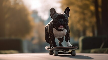 French bulldog is happily riding on a skateboard, tongue out