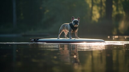 Adorable french bulldog paddle boarding on a lake