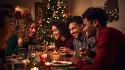 Group of friends enjoying a lively Christmas dinner party, filled with laughter and good cheer, in a warmly lit room decorated for the holiday season.