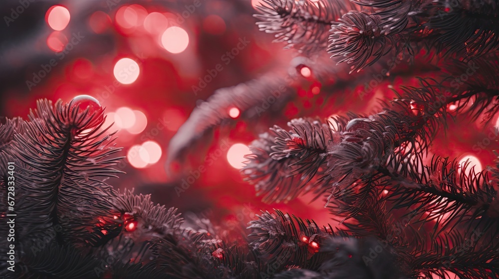 Poster a close up view of a christmas tree with red lights in the background and a blurry photo of the bran