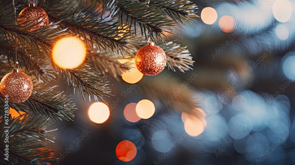 Poster a close up of a christmas tree with a bunch of ornaments hanging from it's branches and lights in th