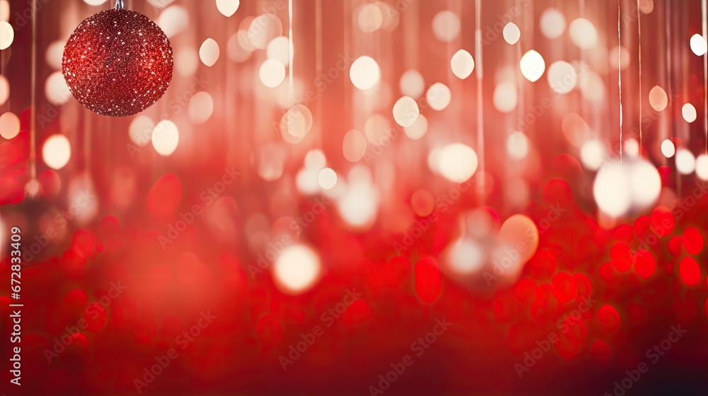 Poster a red ornament hanging from a string in front of a blurry background of red and white lights. genera
