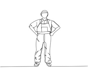 Builder in working uniform, protective overalls, hard hat, safety one line art. Continuous line drawing of repair, professional, hand, people, concept, support, maintenance.