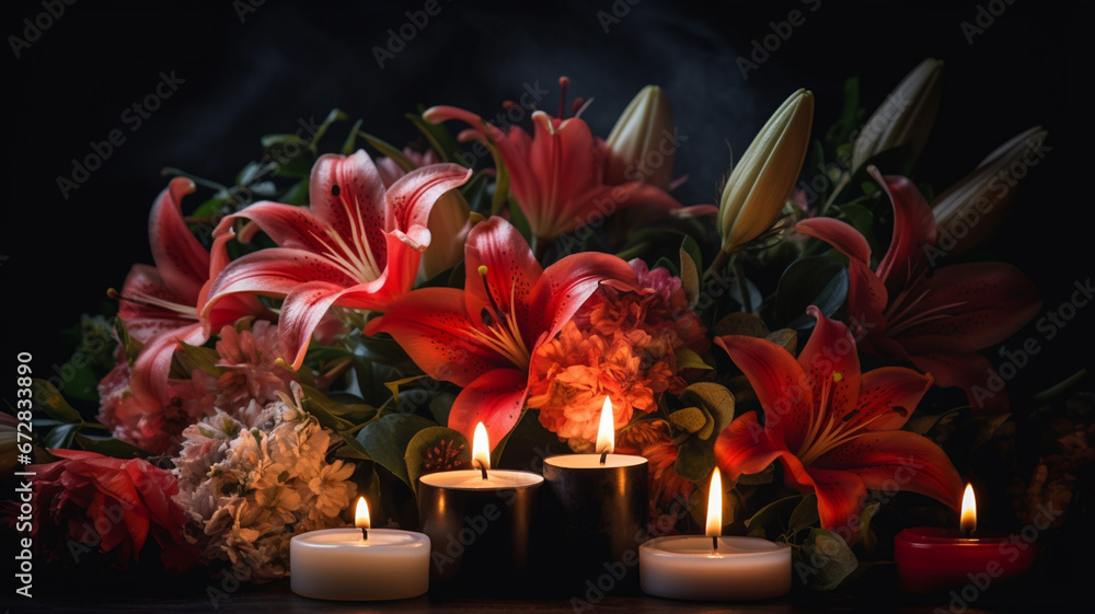 Wall mural beautiful flowers and candles on a wooden table - Wall murals