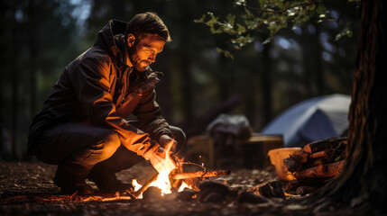 A bearded man sits by a campfire in a forested area, using his smartphone, with a tent behind him and a thermos bottle beside him. - obrazy, fototapety, plakaty