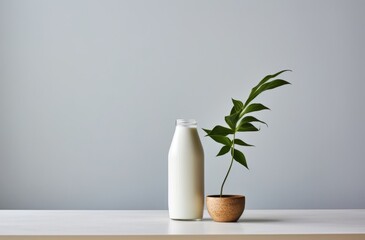 a bottle of milk and a cup of milk on the table, minimalism