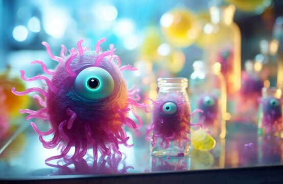 cartoon monsters in the biological laboratory, 3d render