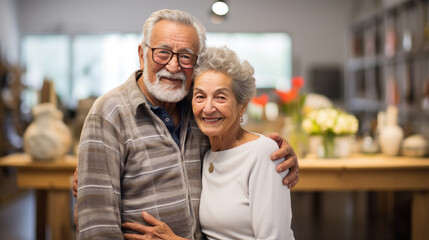 Joyous elderly couple smiling and embracing each other