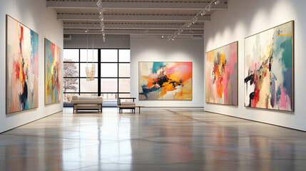 Minimalistic modern art gallery with beautiful paintings on the wall