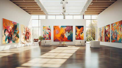 Minimalistic modern art gallery with beautiful paintings on the wall