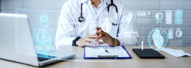 Doctor working office research studying heart disease illness diagnosing analysis, using computer technology display assistance holographic  AI, healthcare medical healthcare staff in hospital