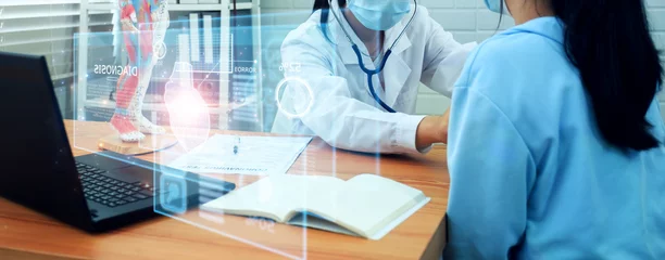 Fotobehang Doctor examining diagnosing patient’s heart for illness disease, using modern computer technology display assistance artificial intelligence AI, healthcare medical staff in hospital clinic office © Have a nice day 