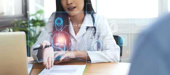 Female Doctor diagnosing patient heart for disease illness, using computer technology display assistance holographic AI, healthcare medical staff in hospital treating ill people, health examination