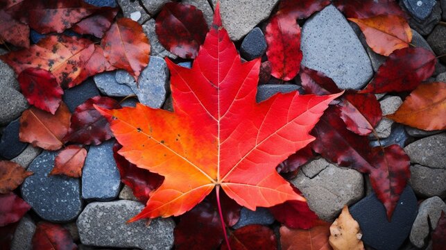 amazing image of a vivid red maple leaf up close surrounded by other fallen leaves, forming a patchwork of fall hues.
