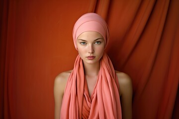 beautiful girl with breast cancer posing in front of camera to raise awareness among women