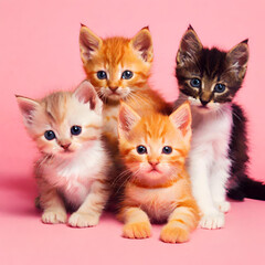 4 cute multi-colored kittens on a bright background created with generative ai technology	