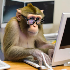 monkey sitting in glasses at the computer created with generative ai technology	