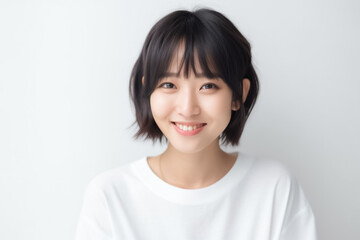 An Asian girl with captivating big eyes, a short bobtail hairstyle, and a subtle smile exudes cuteness and innocence against a semi desaturated gray backdrop. Generative AI.