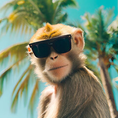 monkey with glasses on a background of palm trees created with generative ai technology