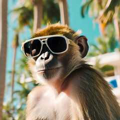 monkey with glasses on a background of palm trees created with generative ai technology