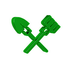 Green Shovel and rake icon isolated on transparent background. Tool for horticulture, agriculture, gardening, farming. Ground cultivator.