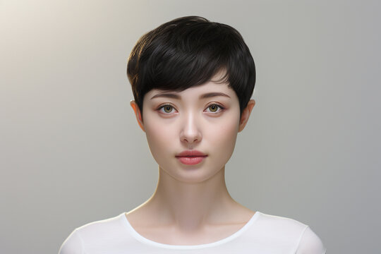 An Asian girl with captivating big eyes, a short bobtail hairstyle, and a subtle smile exudes cuteness and innocence against a semi desaturated gray backdrop. Generative AI.