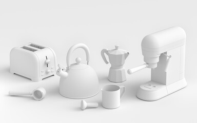 Kitchen appliances and utensils for making breakfast on monochrome background