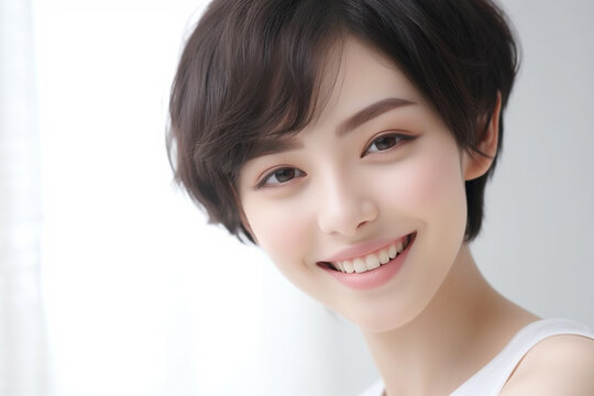 An Asian girl with captivating big eyes, a short bobtail hairstyle, and a subtle smile exudes cuteness and innocence against a semi desaturated gray backdrop. Generative AI.