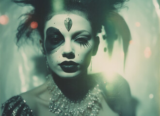 Portrait of young woman in carnival dress and headpiece resembling old vintage photography