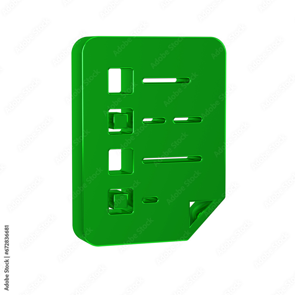 Poster green clipboard with checklist icon isolated on transparent background. control list symbol. survey 