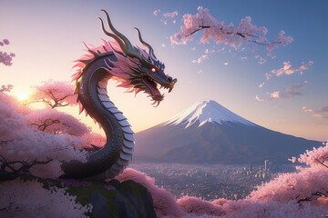 sun sets over Mount Fuji, a dragon made of cherry blossoms and flower petals dances in the sky, its gentle breath bringing warmth and life to the surrounding landscape
