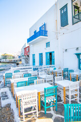 Mykonos, Greece. Wiew of whitewashed cycladic street in beautiful Mykonos town, Cyclades Greek Islands.