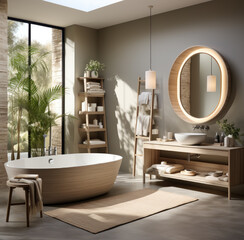 A cozy and elegant indoor bathroom, featuring a spacious tub, a stylish mirror, and a beautiful vase on the windowsill, all surrounded by modern interior design elements