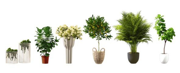 3d images of various types of plants in plant pots as a set. For interior work on white background with clipping path