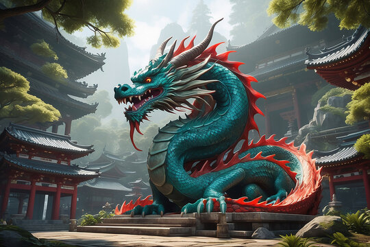 fierce dragon with scales glistening in the light, stands in front of a majestic Japanese temple
