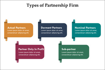 Obraz premium four Types of Partnership firm - Actual, Dormant, Nominal, Partner Only in profits, Sub-partner. Infographic template
