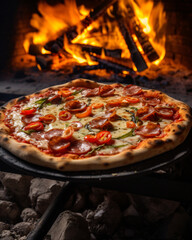 Pizza in fireplace cooking, bakeing, pizza, food, cheese, italian, meal, tomato, dinner, ham, crust, meat, snack, tasty, mozzarella, pepper, salami, delicious, slice, pepperoni, mobile format 4.5