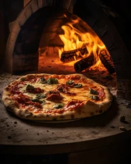 Foto op Plexiglas Pizza in fireplace cooking, bakeing, pizza, food, cheese, italian, meal, tomato, dinner, ham, crust, meat, snack, tasty, mozzarella, pepper, salami, delicious, slice, pepperoni, mobile format 4.5 © Pana
