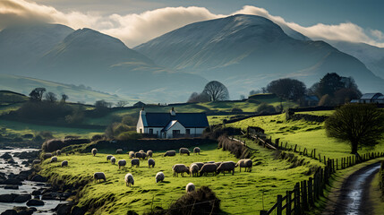 A serene Irish countryside, with misty mountains in the background, during the early morning of...