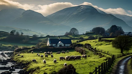 Fototapete Rund A serene Irish countryside, with misty mountains in the background, during the early morning of Saint Patrick's Day © VirtualCreatures