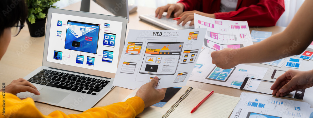 Poster panorama banner of startup ux developer or company employee design user interface or ui prototype fo